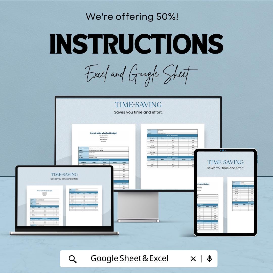 Construction Project Budget Template | Excel & Google Sheets | Contractor Cost Estimate Spreadsheet | Building Cost Tracker | Editable