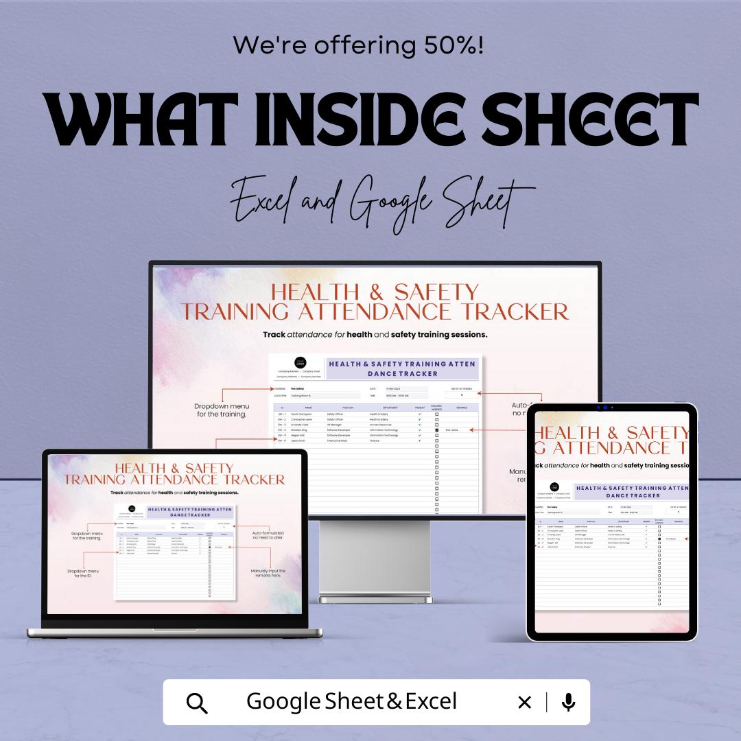 Health and Safety Training Attendance Tracker, Safety Training Log Template, Employee Training Record, Excel and Google Sheets HR Template