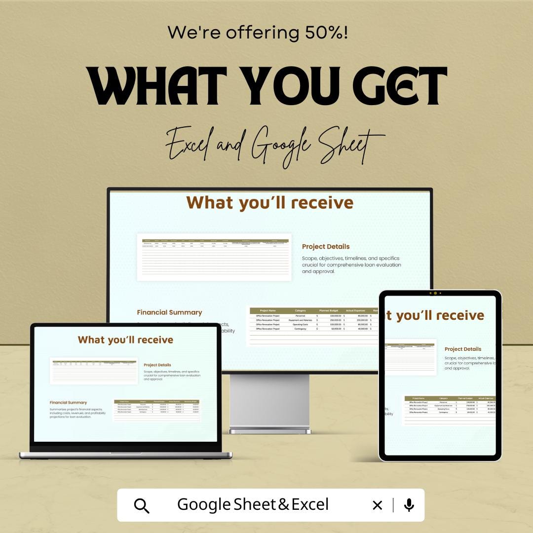 Project Report for Loan | Excel & Google Sheets | Budget, Financial Summary, Timeline | Loan Approval Tracking | Project Management Template