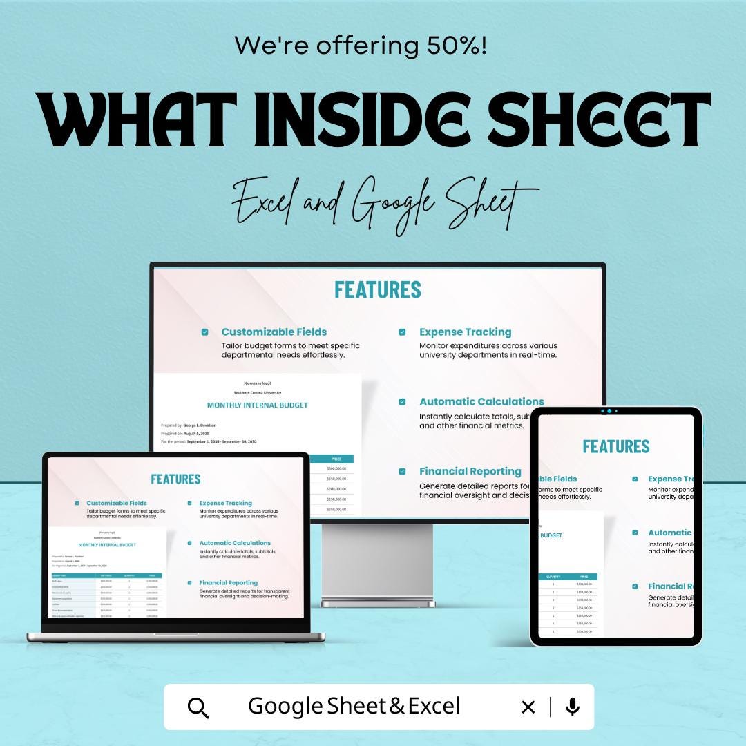 University Internal Budget Sheet | Monthly Budget Planner | Financial Planning Template for Universities | Excel & Google Sheets