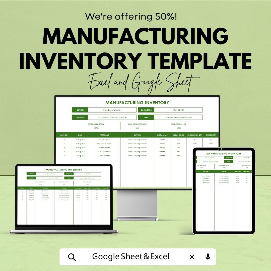 Manufacturing Inventory Template | Stock Management Spreadsheet | Production Inventory Log | Warehouse Stock Sheet