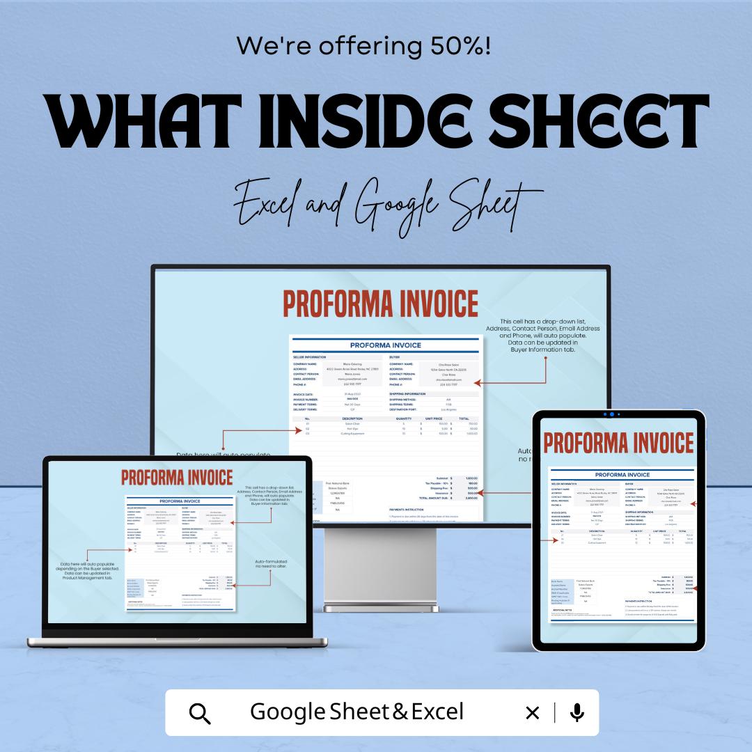 Proforma Invoice Template - Excel & Google Sheets - Professional Invoice Generator - Customizable Invoice Sheet - Business Invoice Template