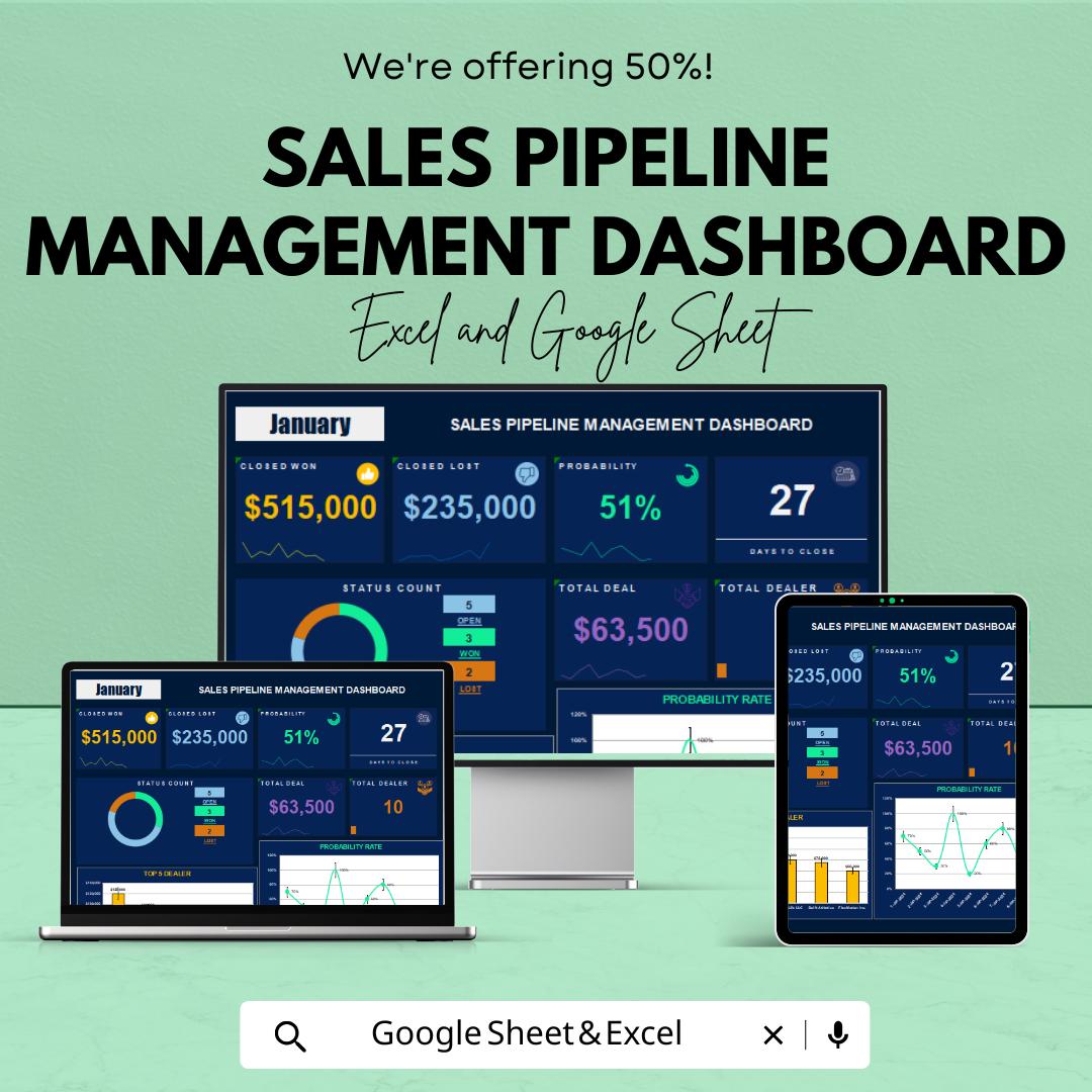 Sales Pipeline Management Dashboard Template | Excel and Google Sheets | Sales Tracking, Forecasting, & Data Visualization
