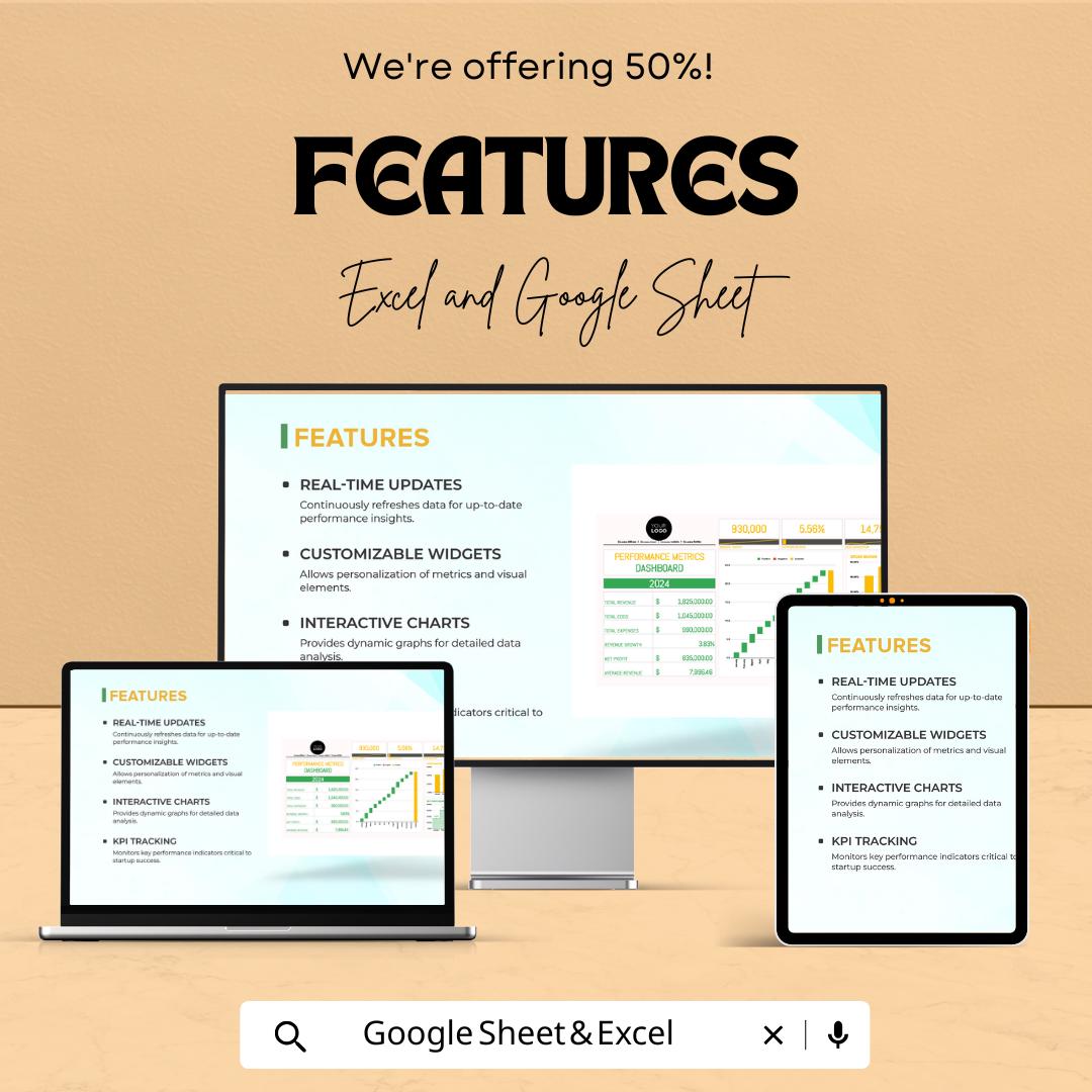 Startup Performance Metrics Dashboard Template | Business Performance Tracker | Startup Financial Metrics Spreadsheet