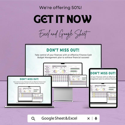 Finance Cash Budget Management Sheet | Monthly Budget Tracker | Excel and Google Sheets | Income & Expense Planner