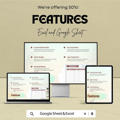 Blank Restaurant Invoice Template - Excel and Google Sheets | Customizable Billing | Tax & Payment Method Integration