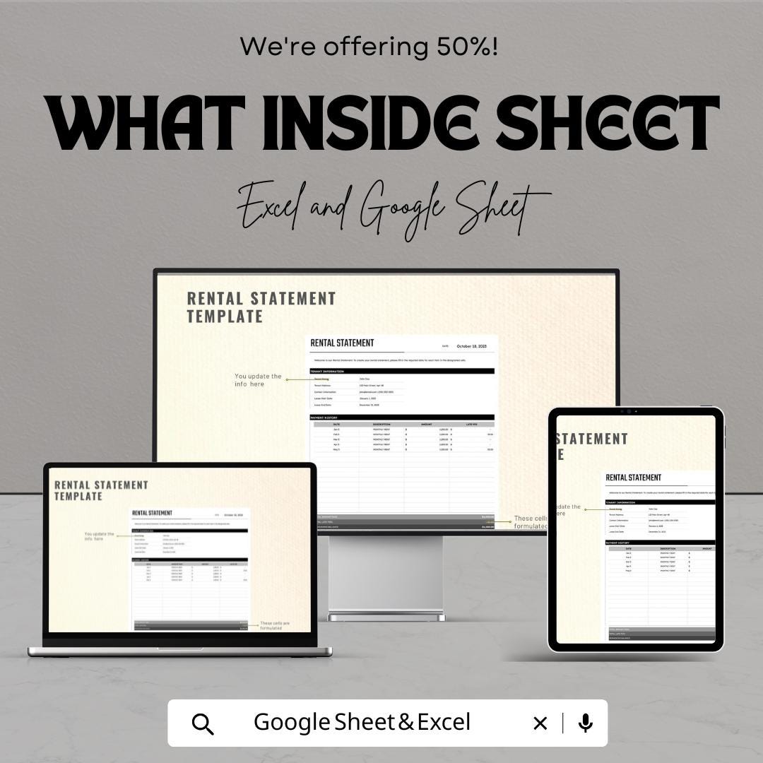 Rental Statement Template | Google Sheets & Excel | Rent Ledger | Tenant Account Summary | Instant Download