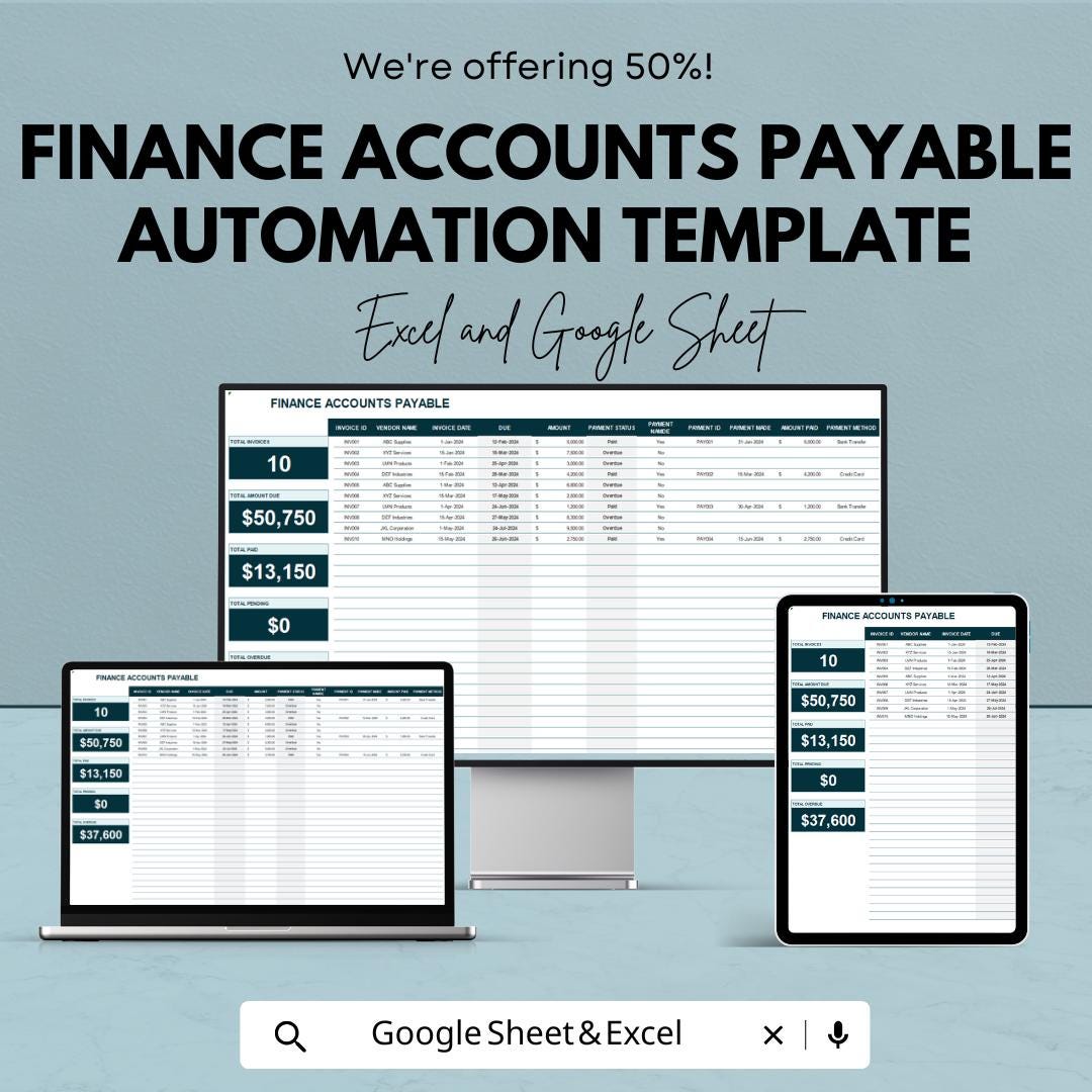 Finance Accounts Payable Automation Template | Invoice Tracking Spreadsheet | Vendor Management Template | Payment Schedule Sheet