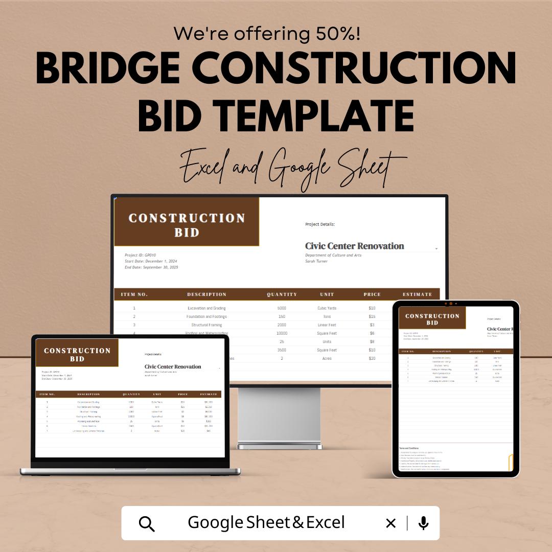 Bridge Construction Bid Template | Construction Bid Spreadsheet | Contractor Bid Proposal Template | Project Cost Estimator