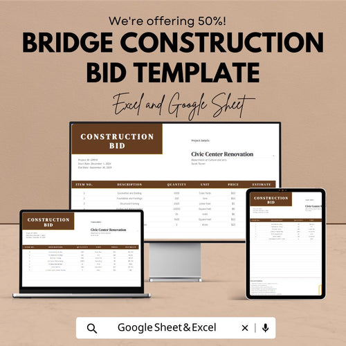 Bridge Construction Bid Template | Construction Bid Spreadsheet | Contractor Bid Proposal Template | Project Cost Estimator
