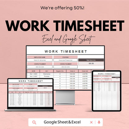 Work Timesheet Sheet for Employee Hours | Track Work Hours, Overtime, and Payroll | Excel and Google Sheet Template