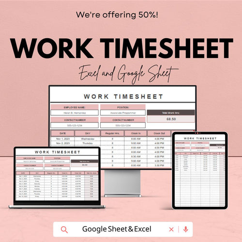 Work Timesheet Sheet for Employee Hours | Track Work Hours, Overtime, and Payroll | Excel and Google Sheet Template