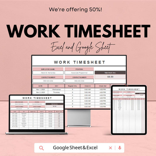 Work Timesheet Sheet for Employee Hours | Track Work Hours, Overtime, and Payroll | Excel and Google Sheet Template