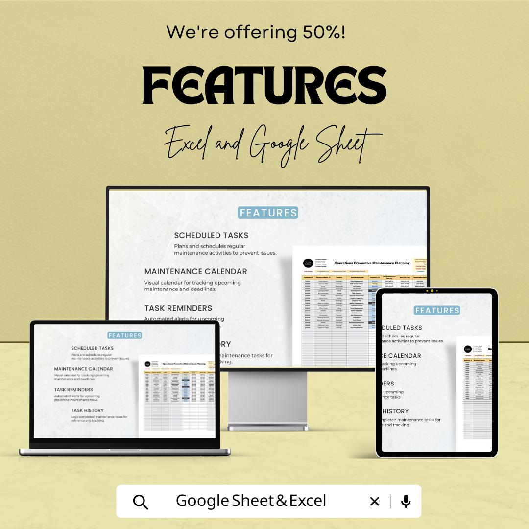 Operations Preventive Maintenance Planning Template, Equipment Maintenance Tracker, Maintenance Schedule Spreadsheet, PM Planner