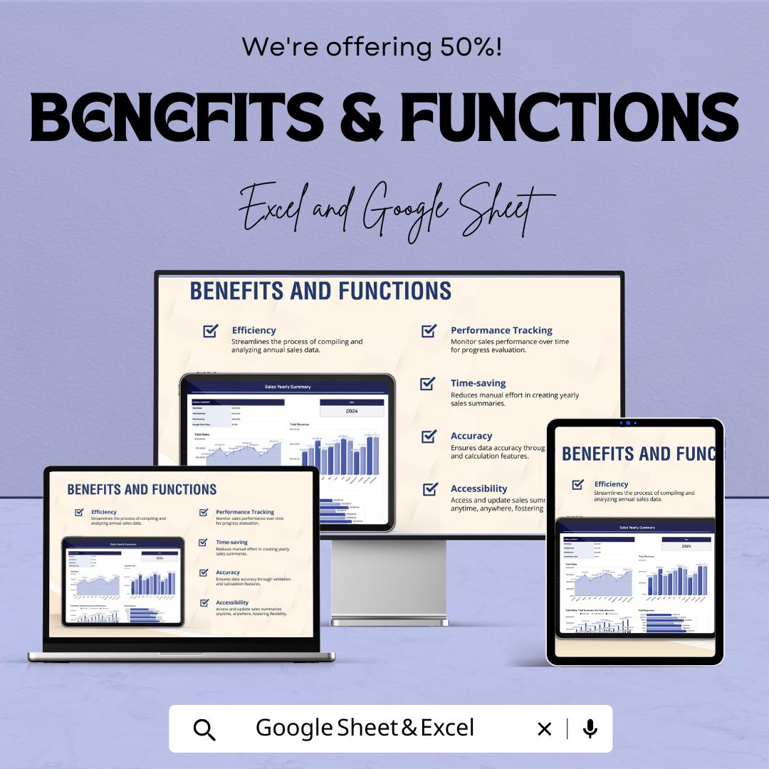 Sales Yearly Summary Template | Annual Sales Report | Yearly Sales Tracker | Revenue Summary Spreadsheet | Excel & Google Sheets