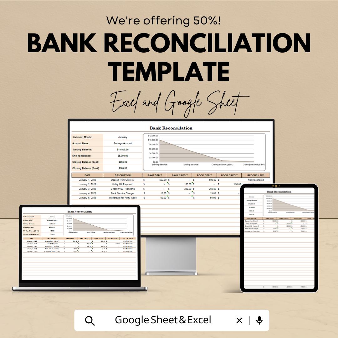 Bank Reconciliation Template | Accounting Reconciliation Worksheet | Bank Statement Tracker | Book Balance Template