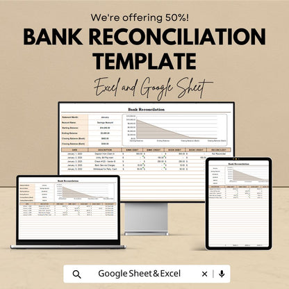 Bank Reconciliation Template | Accounting Reconciliation Worksheet | Bank Statement Tracker | Book Balance Template