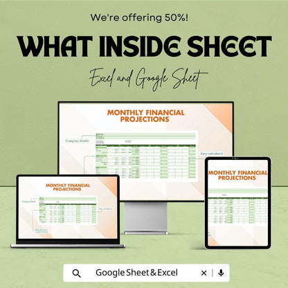 Monthly Financial Projections Template | Income and Expense Forecast | Profit and Loss Statement | Cash Flow Planner