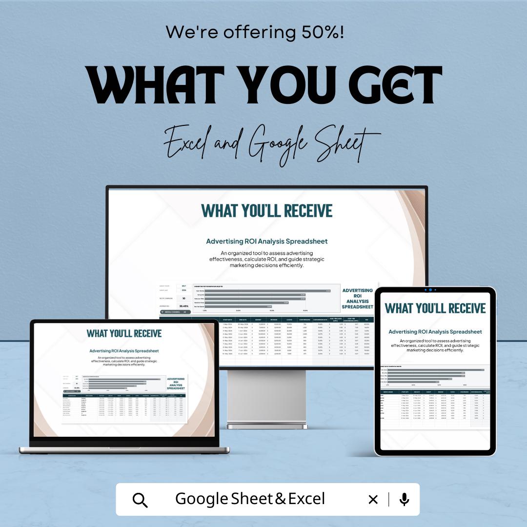 Advertising ROI Analysis Spreadsheet Template, Marketing Performance Dashboard, Ad Spend Tracker, Campaign ROI Calculator