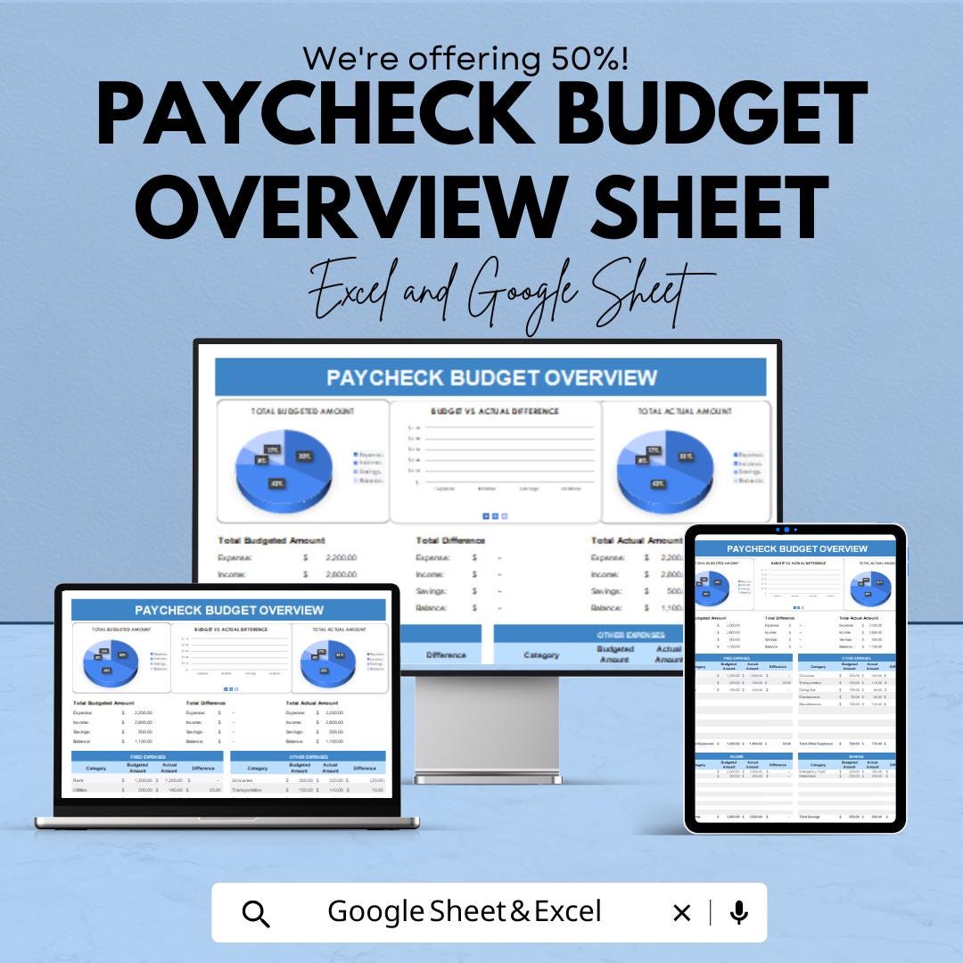 Paycheck Budget Overview Sheet | Excel & Google Sheet Template | Monthly Budget Tracker | Income Expense Planner | Digital Finance Organizer