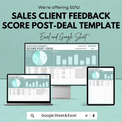 Sales Client Feedback Score Post-Deal Template | Excel & Google Sheets | Sales Performance Tracker | Client Satisfaction Analysis