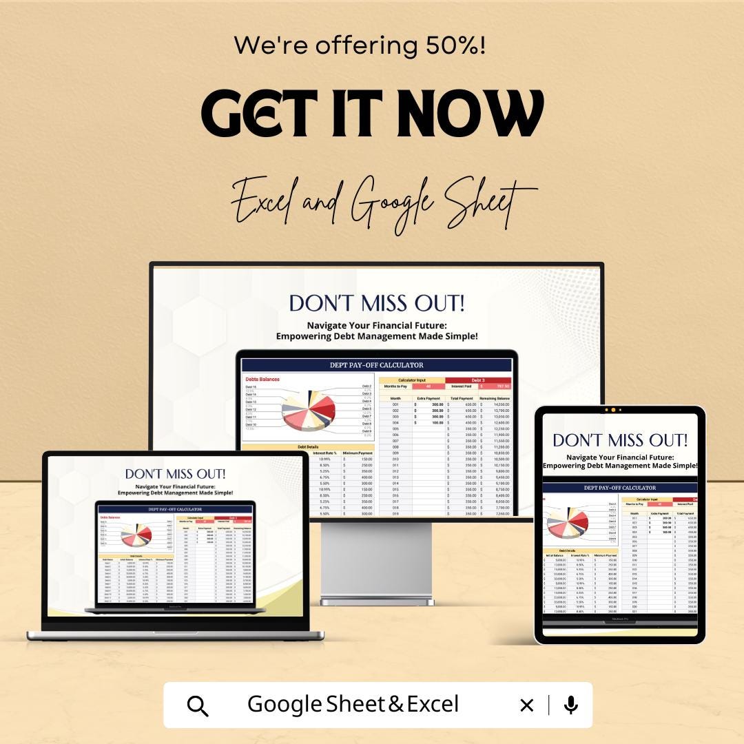 Debt Pay-Off Calculator Sheet – Excel & Google Sheets Template for Debt Management – 50% Off