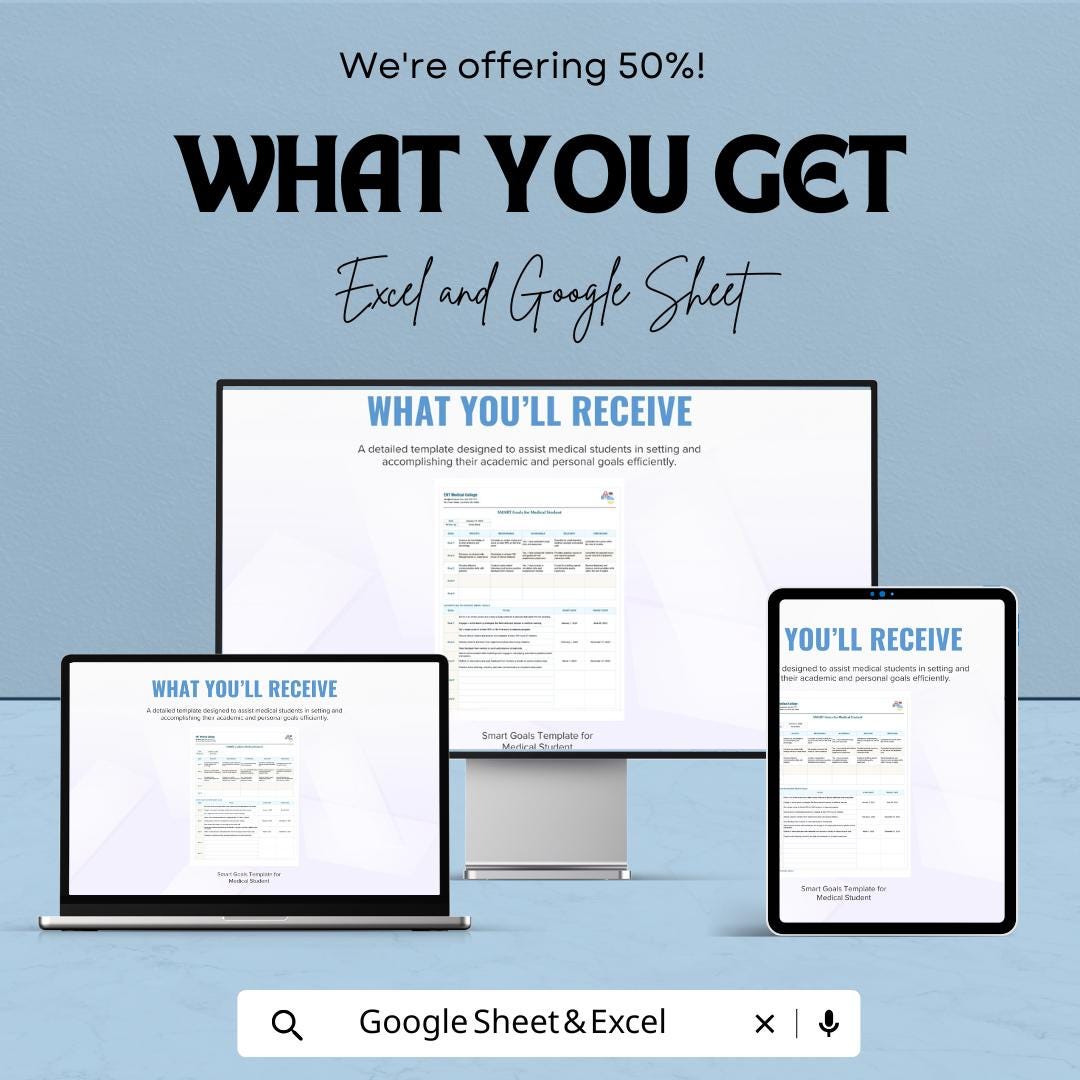 Smart Goals Template for Medical Students | Student Progress Tracker | Medical School Success Template | Editable Goal Setting Sheet
