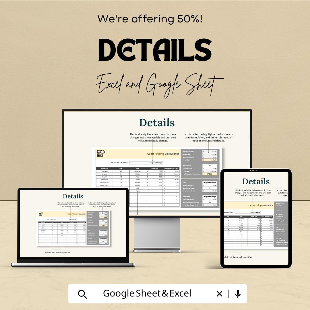 Craft Pricing Calculator Template | Product Pricing Spreadsheet | Handmade Business Pricing Tool | Cost Calculator Template