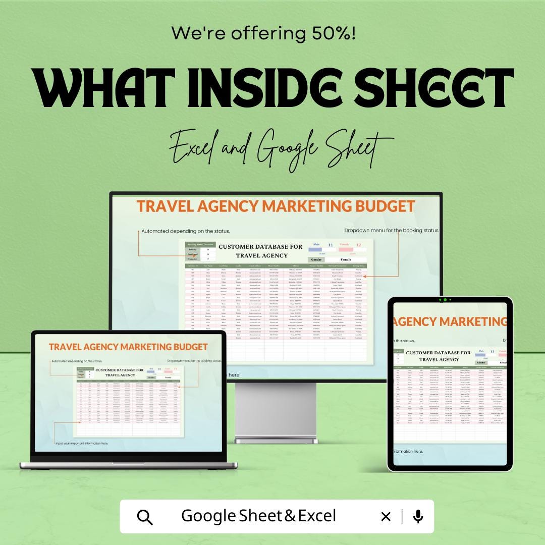 Customer Database for Travel Agency Template, Travel Client Tracker, Booking Management Sheet, CRM Spreadsheet, Excel Google Sheets