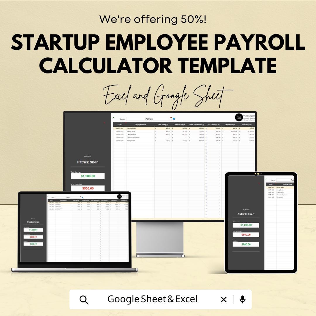 Startup Employee Payroll Calculator Template | Excel and Google Sheets | Small Business Payroll, Salary & Wage Calculator Spreadsheet