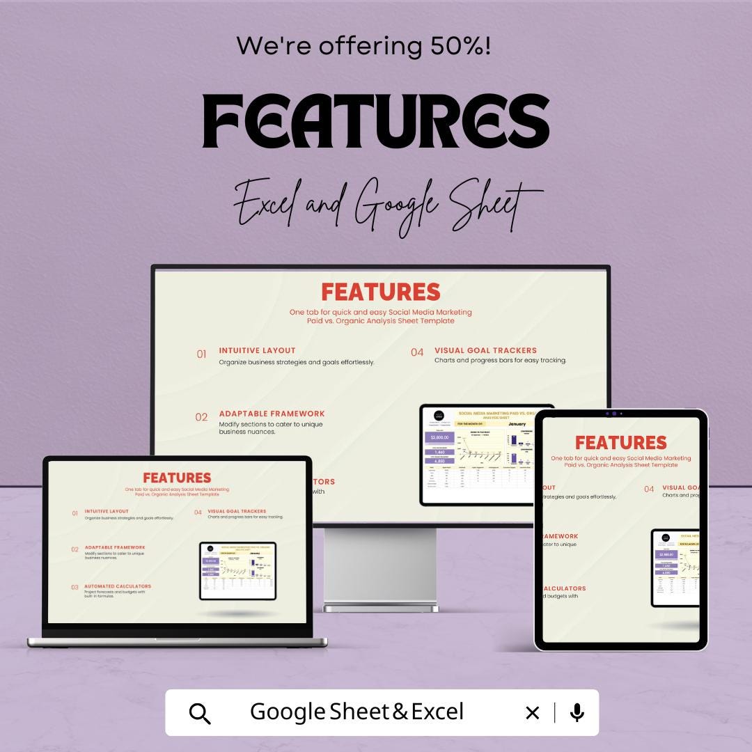 Social Media Marketing Paid vs Organic Analysis Sheet Template | Paid vs Organic Tracker | Marketing Analytics Spreadsheet