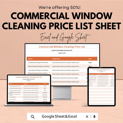 Commercial Window Cleaning Price List Sheet | Excel & Google Sheets Template | Pricing Guide for Cleaners