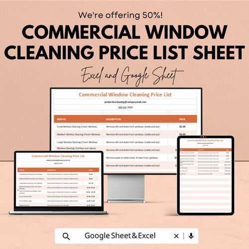 Commercial Window Cleaning Price List Sheet | Excel & Google Sheets Template | Pricing Guide for Cleaners