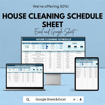 House Cleaning Schedule Sheet | Excel & Google Sheet | Cleaning Planner Template | Home Organization | Daily, Weekly, Monthly Cleaning Tasks