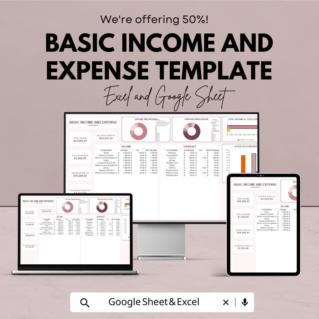 Basic Income and Expense Template | Personal Finance Tracker | Google Sheets and Excel Budget Planner | Income Expense Log