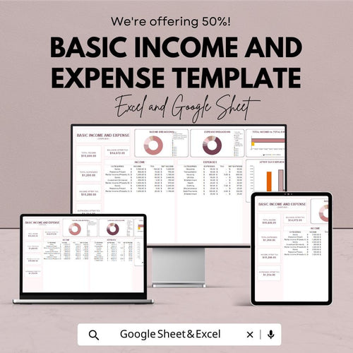 Basic Income and Expense Template | Personal Finance Tracker | Google Sheets and Excel Budget Planner | Income Expense Log