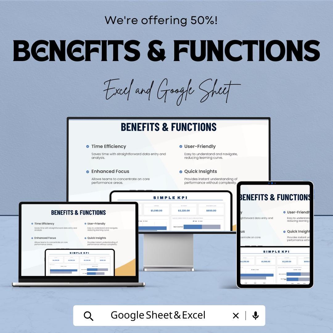 Simple KPI Template | KPI Dashboard Spreadsheet | Excel and Google Sheets KPI Tracker | Business Metrics Template | Revenue Expense