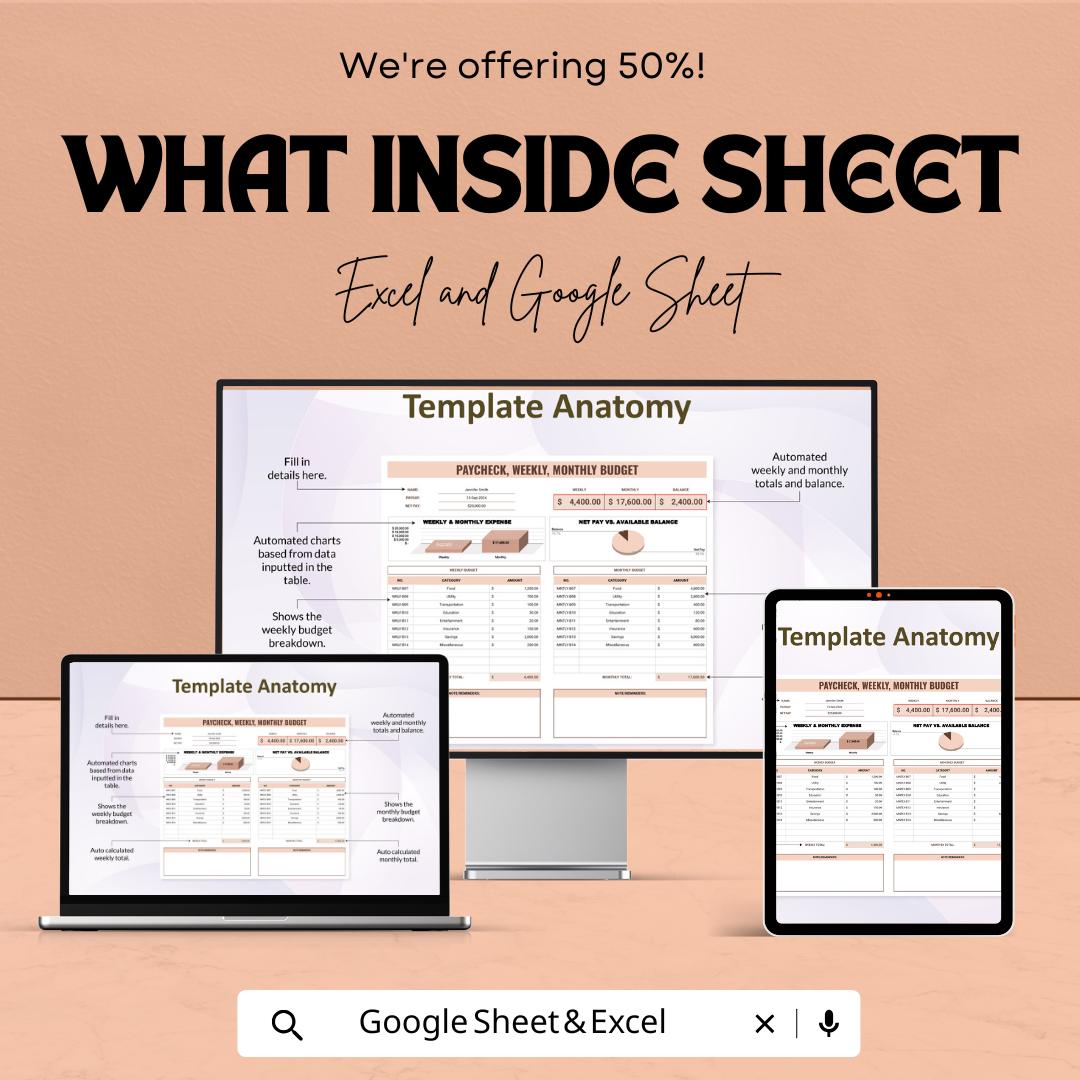Paycheck, Weekly, Monthly Budget Spreadsheet | Excel and Google Sheets | Personal Finance Tracker | Expense & Income Organizer