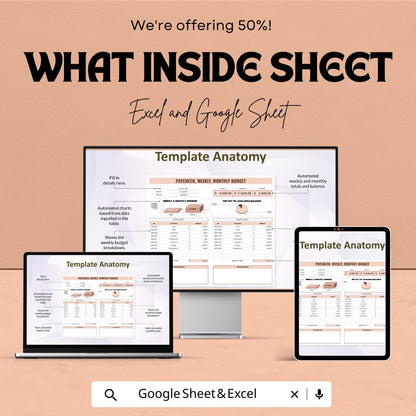 Paycheck, Weekly, Monthly Budget Spreadsheet | Excel and Google Sheets | Personal Finance Tracker | Expense & Income Organizer