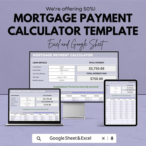 Mortgage Payment Calculator Template, Home Loan Calculator, Amortization Schedule, Excel & Google Sheets, Monthly Payment Planner