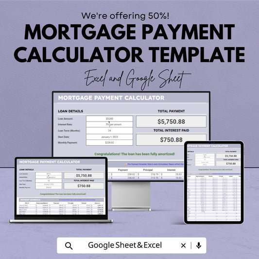 Mortgage Payment Calculator Template, Home Loan Calculator, Amortization Schedule, Excel & Google Sheets, Monthly Payment Planner