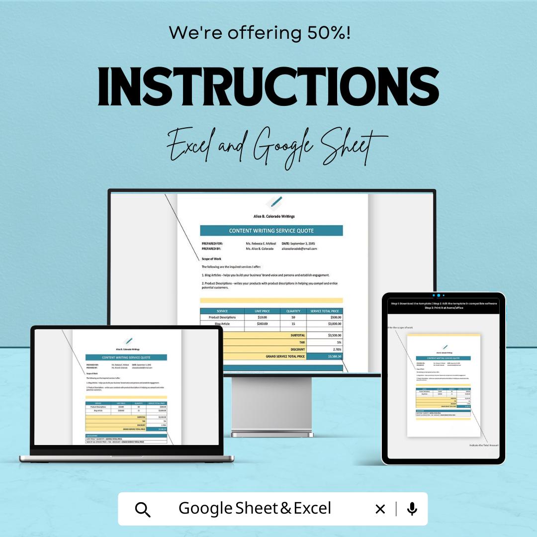 Sample Freelance Quote Sheet | Content Writing Service Quote Template | Customizable Excel & Google Sheet | Instant Download