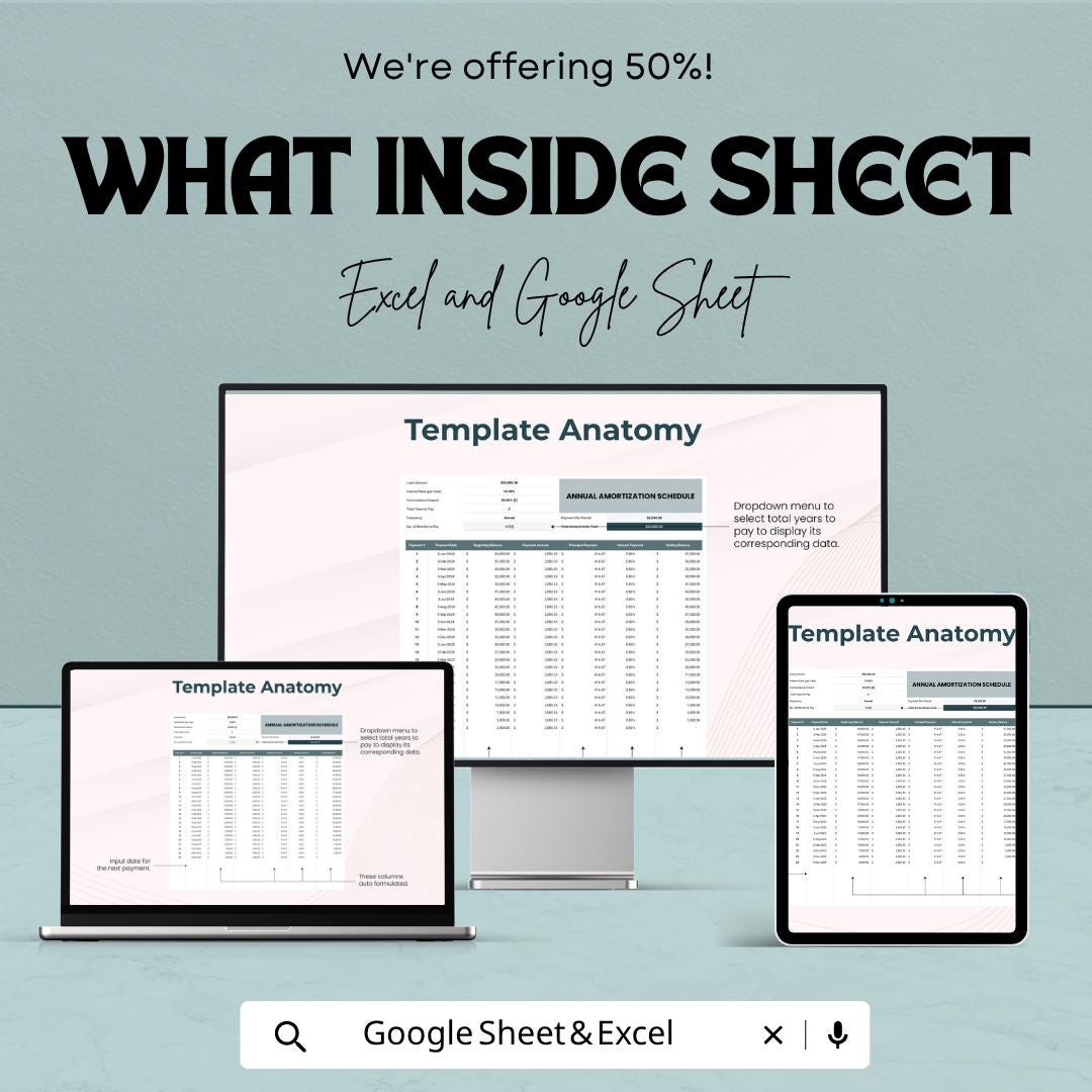 Annual Amortization Schedule Template | Loan Payment Planner Spreadsheet | Yearly Loan Calculator Template