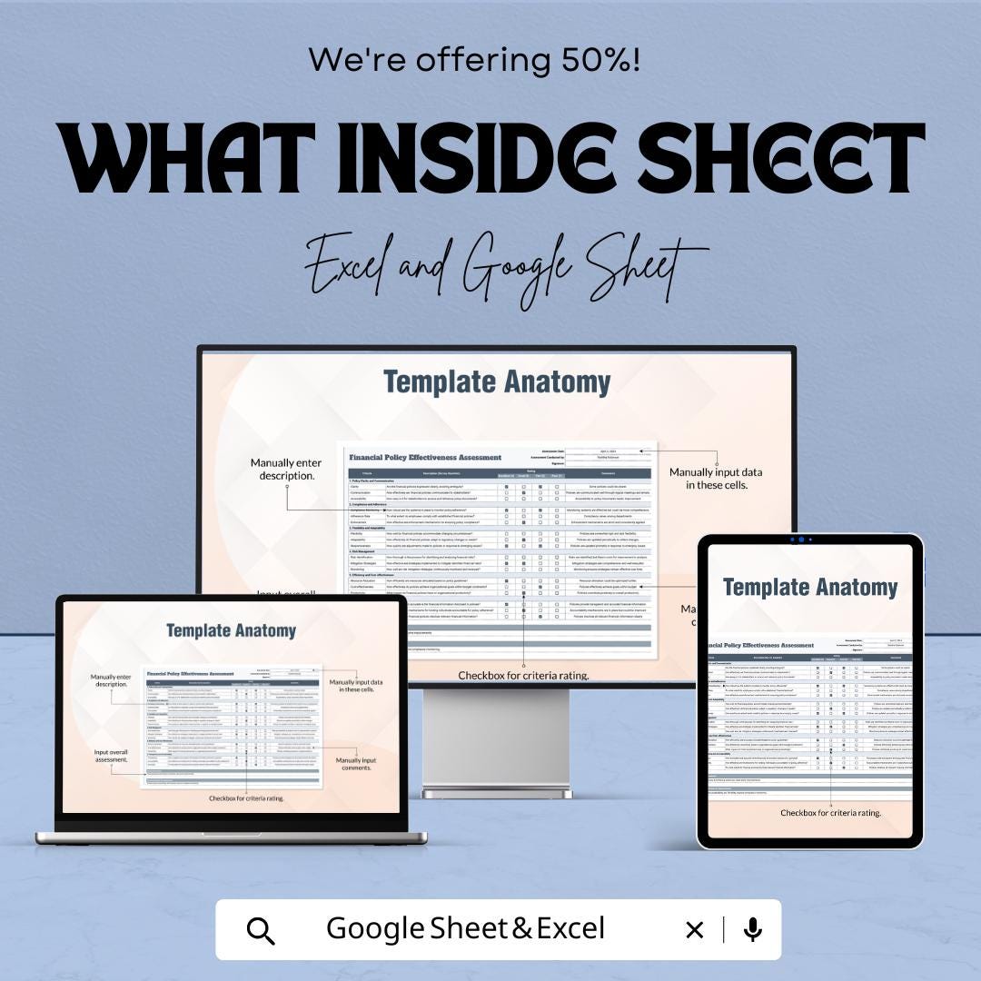 Financial Policy Effectiveness Assessment Template | Excel & Google Sheets | Policy Evaluation, Risk Assessment, Compliance Review Tool