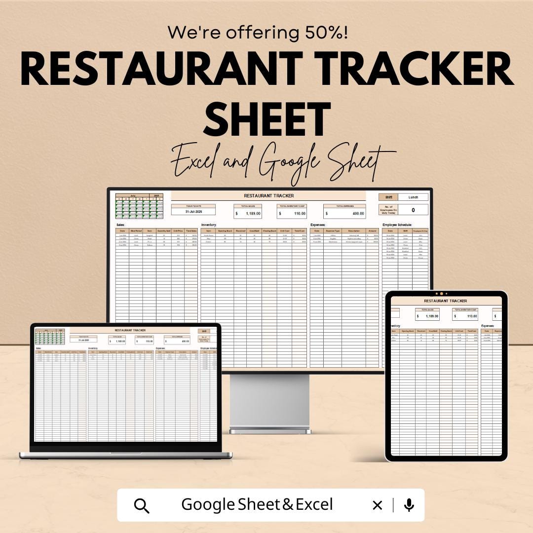 Restaurant Tracker Sheet | Inventory and Expense Tracking | Excel and Google Sheets Template | Manage Restaurant Finances & Operations