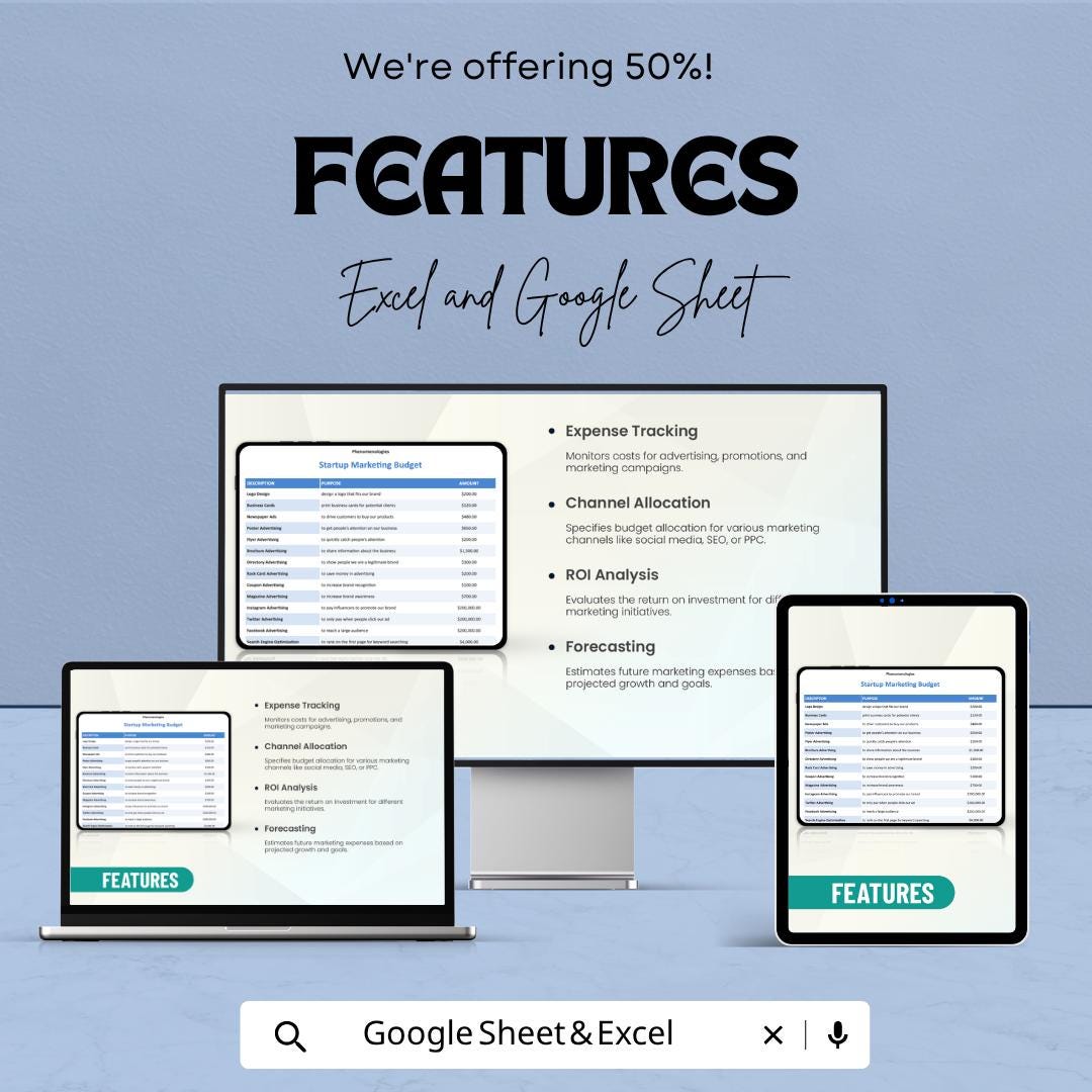 Startup Marketing Budget Template | Marketing Budget Spreadsheet | Business Budget Planner | Expense Tracker Template |
