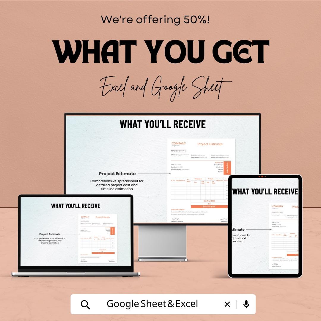 Sample Project Estimate Template | Project Cost Estimator Spreadsheet | Budget Planning Tracker | Excel & Google Sheets | Professional