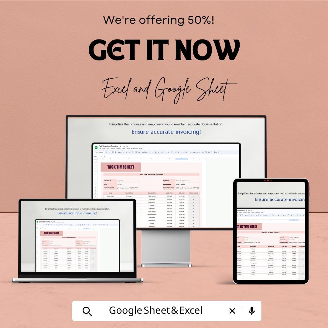 Task Timesheet Template - Excel & Google Sheet | Employee Tracking and Time Management | Customizable | Work Log Tracker
