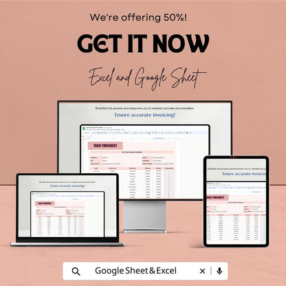 Task Timesheet Template - Excel & Google Sheet | Employee Tracking and Time Management | Customizable | Work Log Tracker