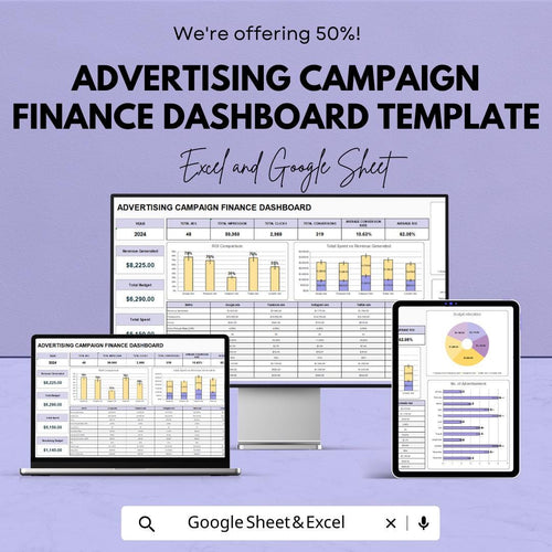 Advertising Campaign Finance Dashboard Template | Marketing Budget Tracker | ROI Dashboard | Ad Spend Tracker | Editable Analytic sheet